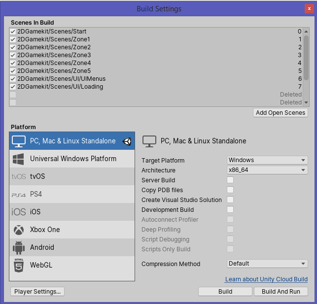 Build Settings im 2D Game Kit